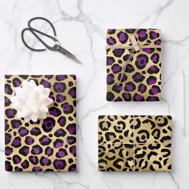 Stilvolle Safari mit Lila- & Goldleopard-Spots Geschenkpapier Set (Vorderseite)