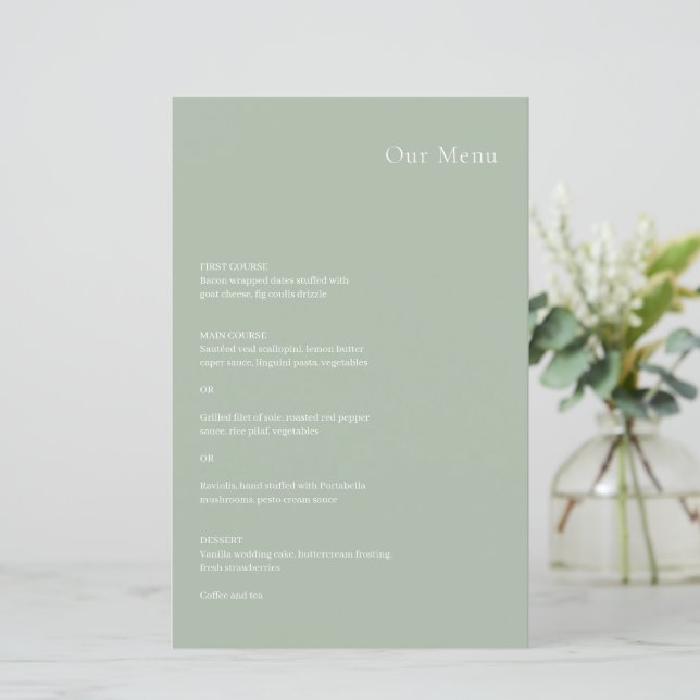 Stilvolle Sage Green Modern Wedding Menu (Stehend Vorderseite)