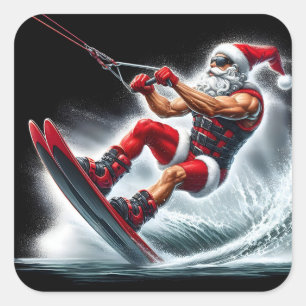 Stilvolle Santa Water Ski diesen Urlaub Quadratischer Aufkleber