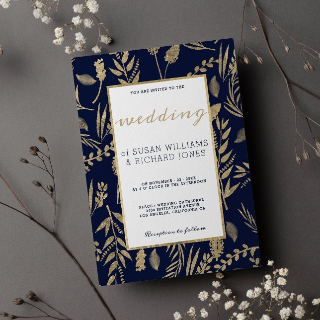 Stilvolle schicke Marineinfanterie mit blühendem G Einladung (Stylish chic navy blue gold floral luxury Wedding )