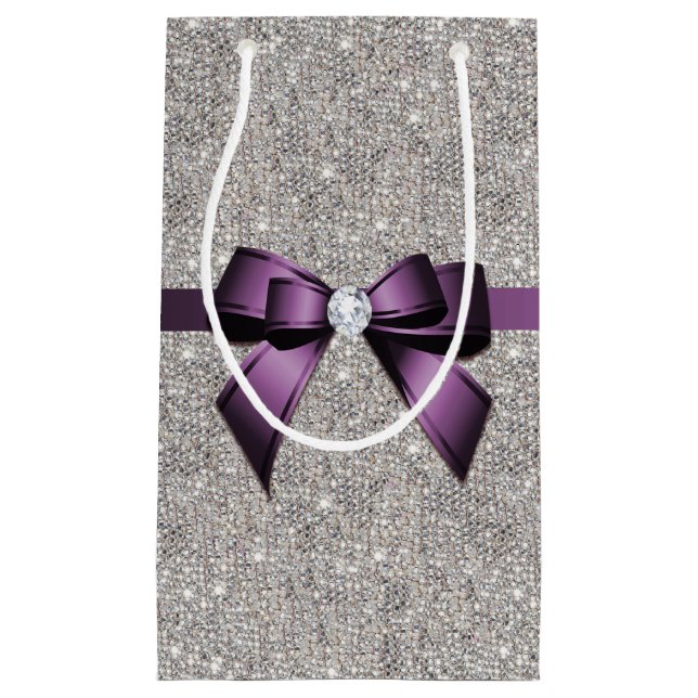Stilvolle schillernde Sequins, lila Bogen u. Band Kleine Geschenktüte (Vorderseite)