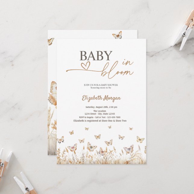 Stilvolle Schmetterlinge Baby in Bloom Einladung (Vorderseite/Rückseite Beispiel)