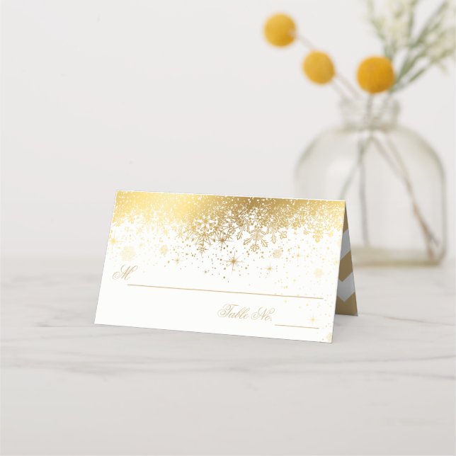 Stilvolle Schneeflocken aus Weiß und Gold Platzkarte (Vorderseite)