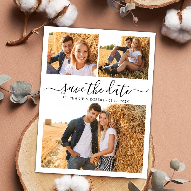 Stilvolle Schrift Modernes 3 Foto Collage Wedding  Save The Date (Von Creator hochgeladen)