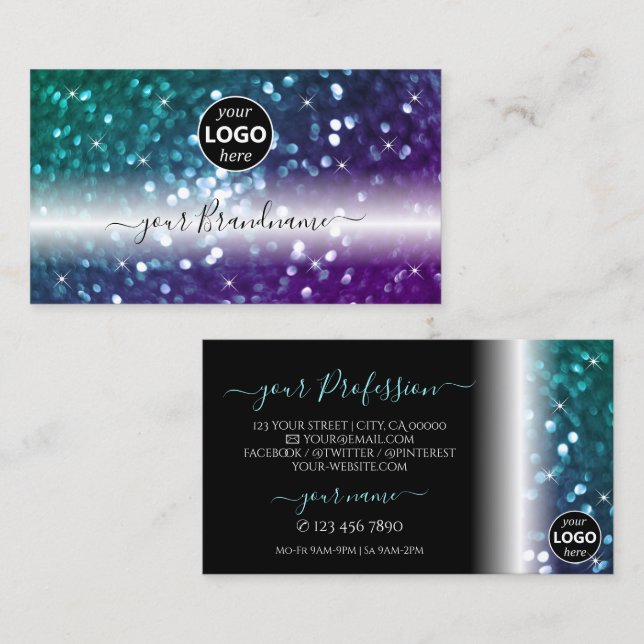 Stilvolle Schwarz-Aquamarin-Lila-Sparkle-Glitzer-L Visitenkarte (Vorne/Hinten)