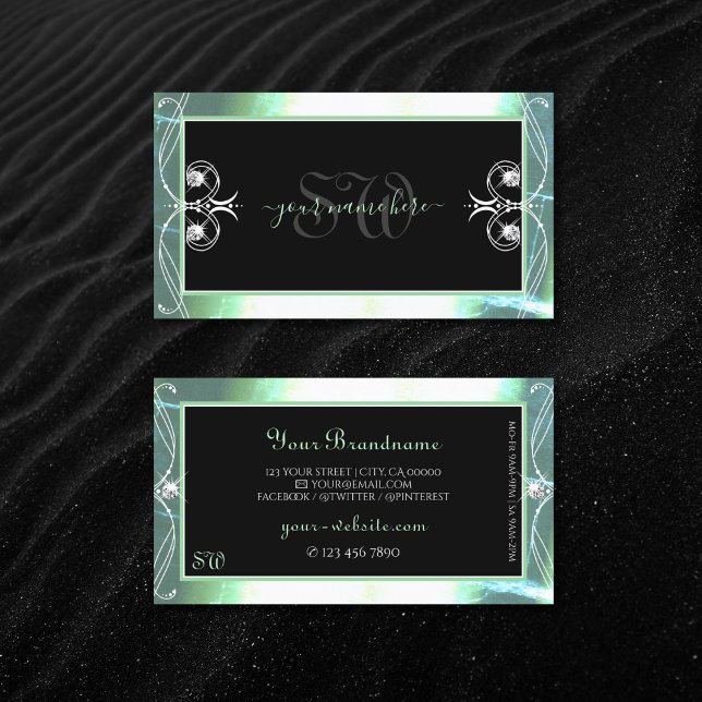 Stilvolle Schwarz Aquamarin Sparkle Jewels Monogra Visitenkarte (Von Creator hochgeladen)