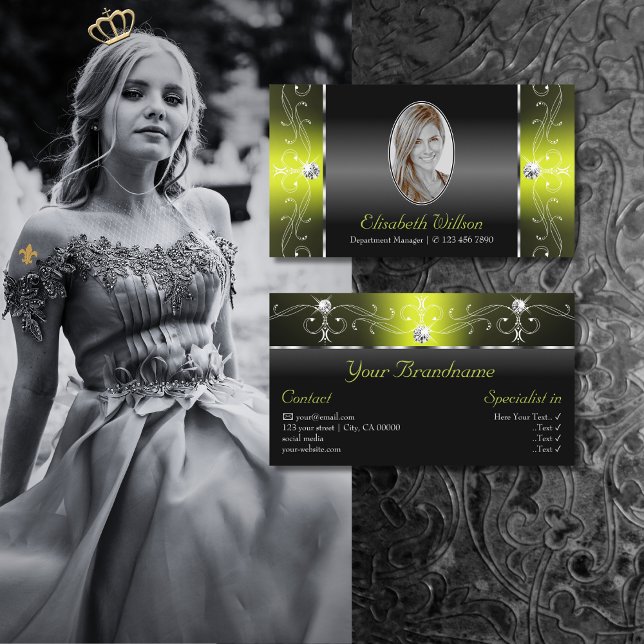 Stilvolle Schwarz-Gelb-Schnörkel mit Foto Visitenkarte (Von Creator hochgeladen)