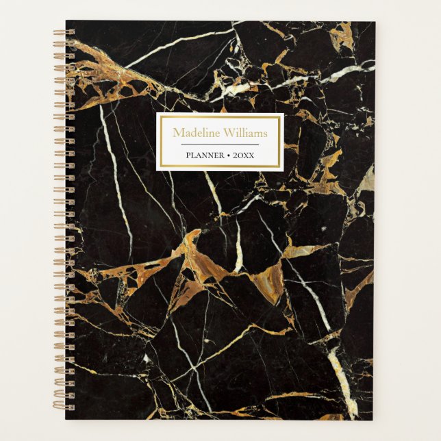 Stilvolle Schwarz-Gold-Marmor | PERSONALISIERT Planer (Vorderseite)