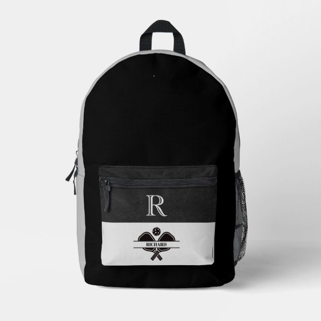 Stilvolle schwarz-graue Pickleball Design Monogram Bedruckter Rucksack (Vorderseite)