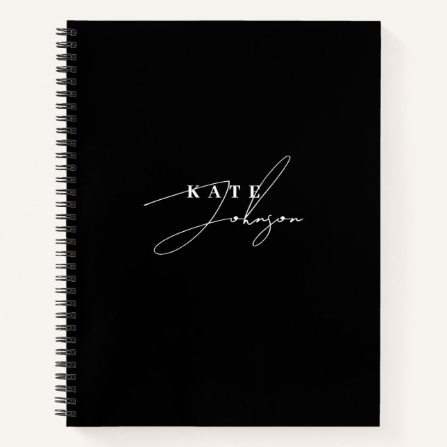 Stilvolle Schwarz Moderne Signature Script Monogra Notizbuch (Vorderseite)