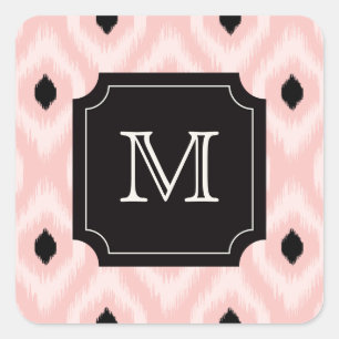 Stilvolle Schwarz Pink Diamond Ikat Monogram Quadratischer Aufkleber