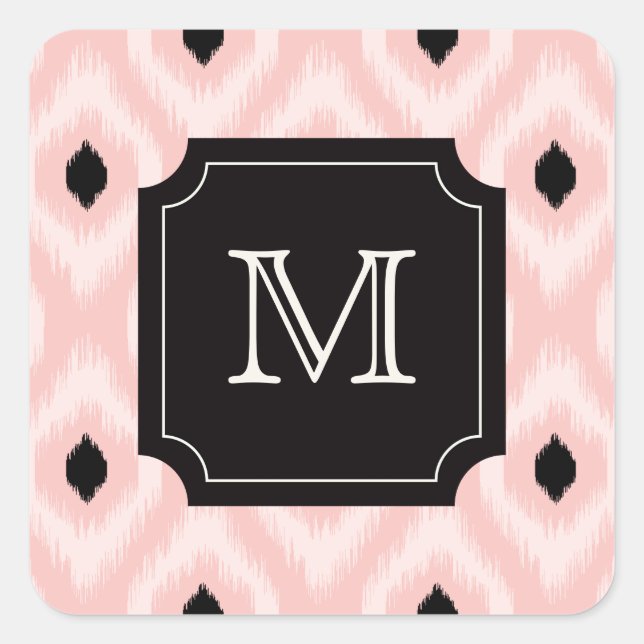 Stilvolle Schwarz Pink Diamond Ikat Monogram Quadratischer Aufkleber (Vorderseite)