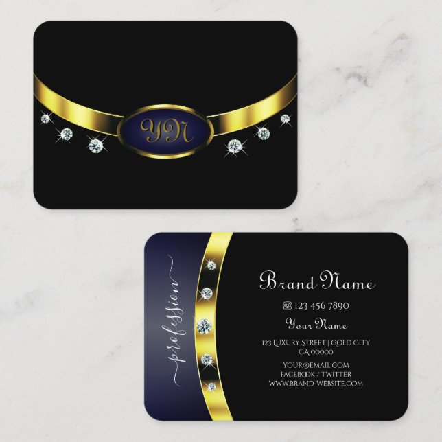 Stilvolle Schwarz und Gold mit Initials Rhinestone Visitenkarte (Vorne/Hinten)
