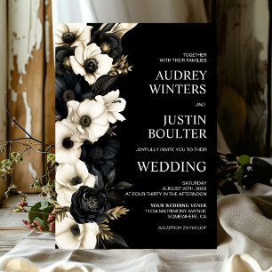Stilvolle Schwarz-Weiß-Blumen-Hochzeit Einladung
