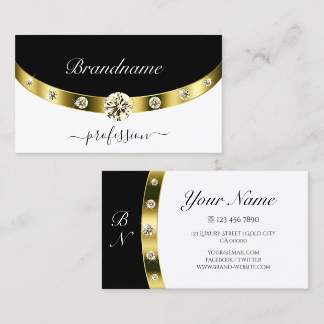 Stilvolle Schwarz-Weiß-Gold-Grenze mit Monogram Visitenkarte (Vorne/Hinten)