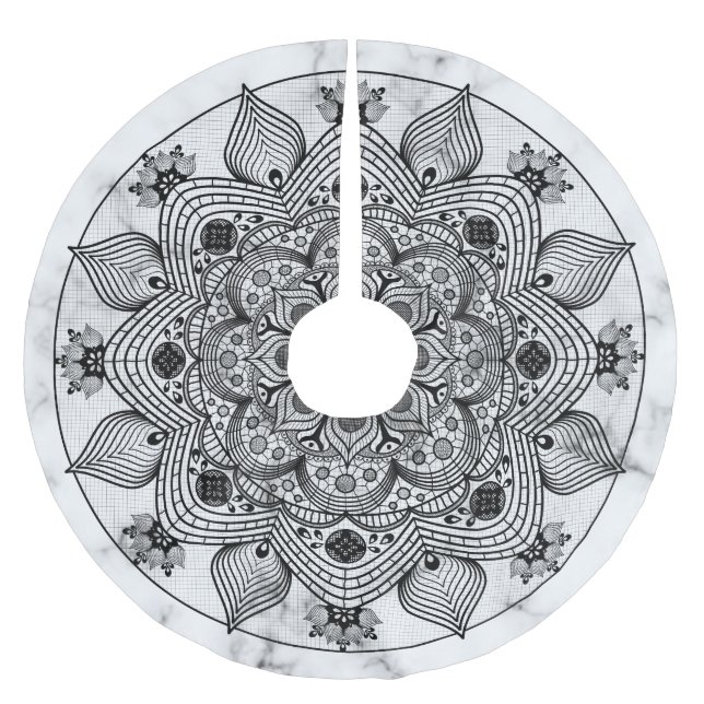 Stilvolle Schwarz-Weiß-Mandala Polyester Weihnachtsbaumdecke (Vorderseite)