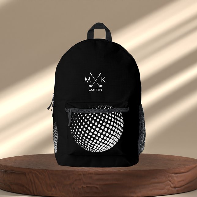 Stilvolle Schwarz-Weiß-Modern-Golf-Ball Monogram Bedruckter Rucksack (Von Creator hochgeladen)