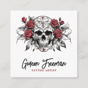 Stilvolle Schwarz-Weiß Roses Skull Tattoo Artist Quadratische Visitenkarte