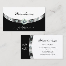 Stilvolle Schwarz-Weiß-Silber-Grenze und Monogramm Visitenkarte