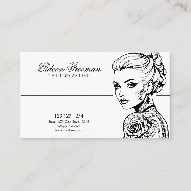 Stilvolle Schwarz-Weiß-Tattooid-Lady Tattoo-Künstl Visitenkarte (Vorderseite)