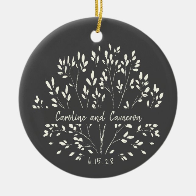 Stilvolle Schwarz-weiße botanische Hochzeit Keramik Ornament (Vorne)