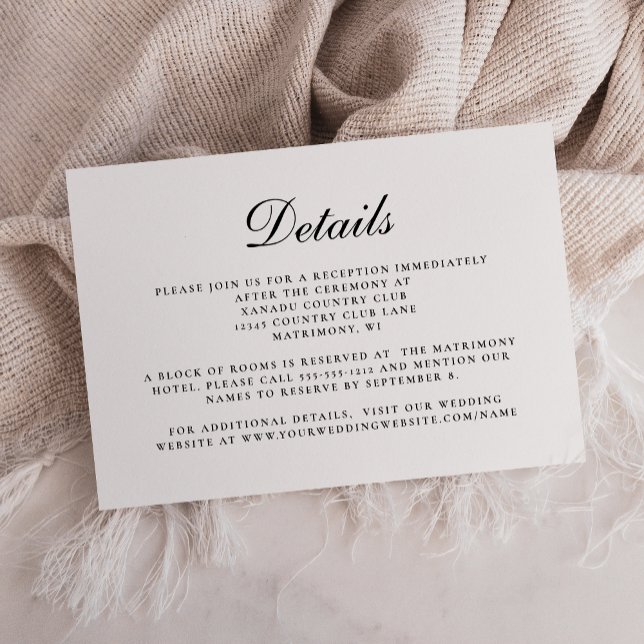 Stilvolle Schwarz-weiße Script-Hochzeitdetails Begleitkarte (Von Creator hochgeladen)