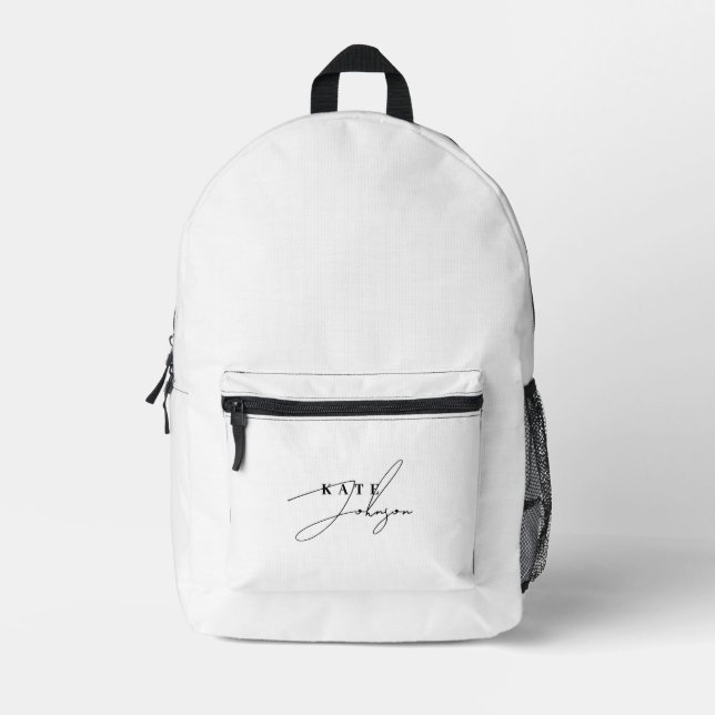 Stilvolle Schwarz-weiße Signature-Script-Monogramm Bedruckter Rucksack (Vorderseite)