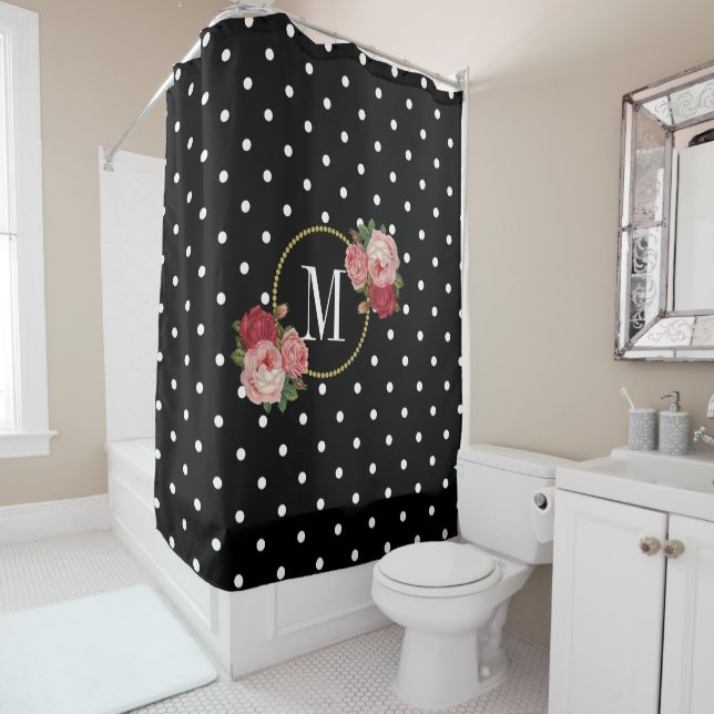 Stilvolle Schwarze Antique Floral Polka Dots Monog Duschvorhang (Beispiel)