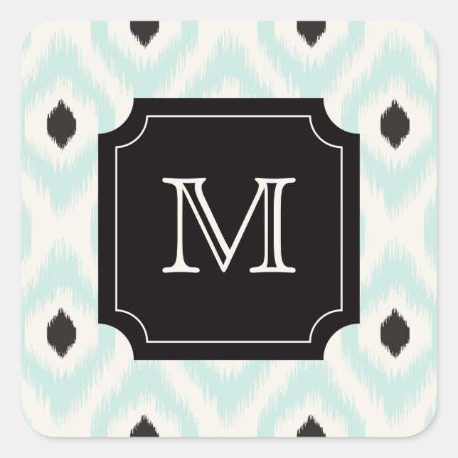 Stilvolle Schwarze Minze Diamant Ikat Monogram Quadratischer Aufkleber (Vorderseite)