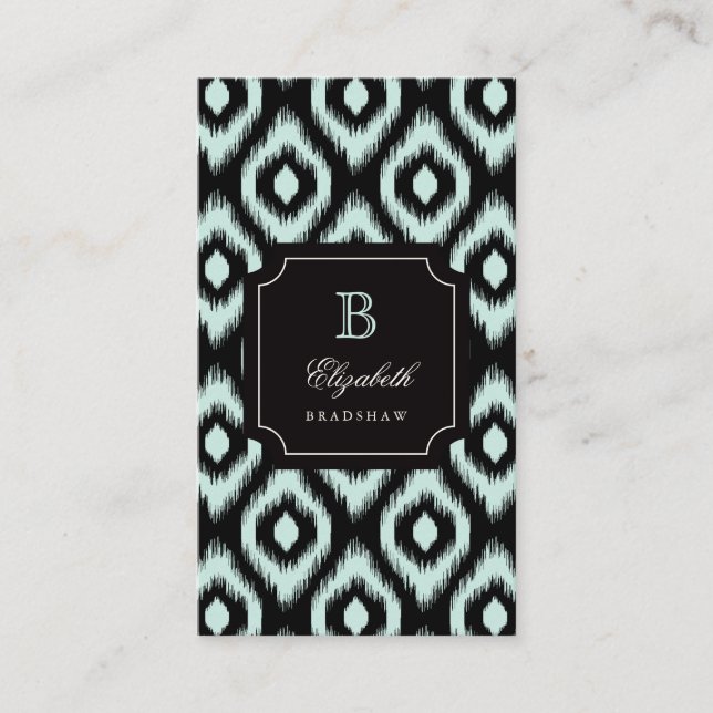 Stilvolle Schwarze Minze Diamant Ikat Monogram Visitenkarte (Vorderseite)