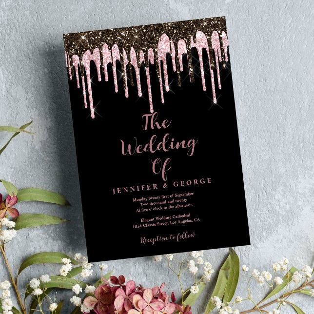 Stilvolle Schwarze Rose Gold Glitzer Tropfen Hochz Einladung (Stylish black rose gold glitter drips wedding)