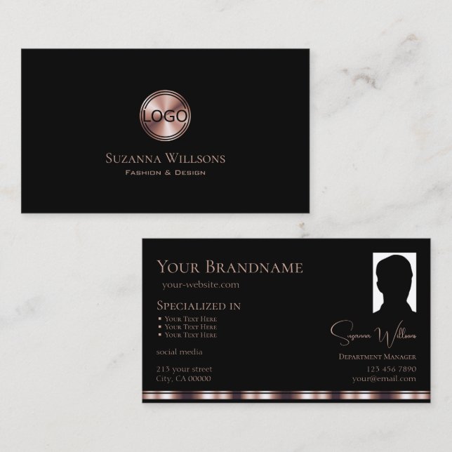 Stilvolle Schwarze Rose Gold mit Logos und Foto Mo Visitenkarte (Vorne/Hinten)