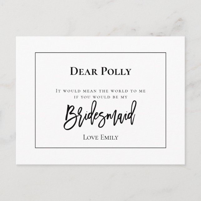 Stilvolle schwarze Typografie /Bridesmaid-Anfrage Postkarte (Vorderseite)