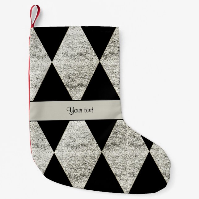 Stilvolle schwarze u. silberne Glitzer-Diamanten Kleiner Weihnachtsstrumpf (Vorderseite)