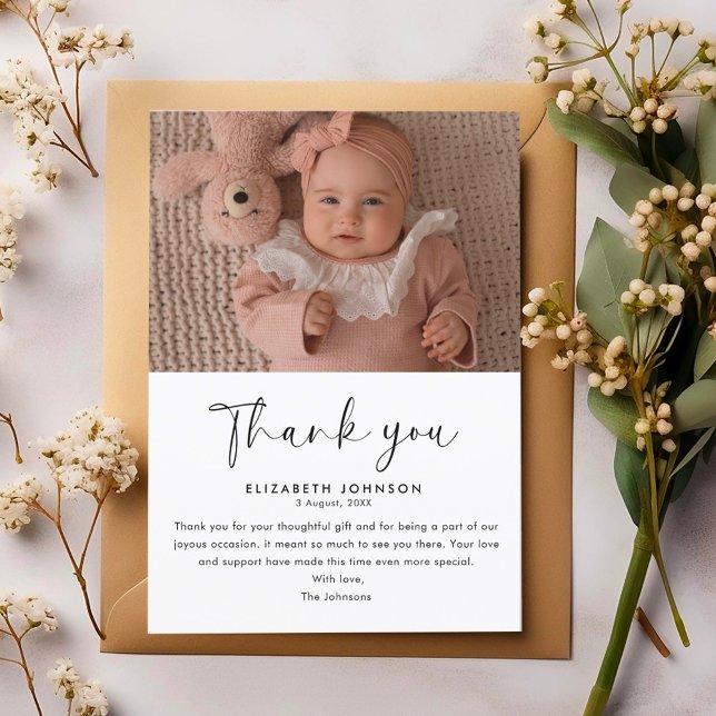 Stilvolle Script Baby Shower Vielen Dank Baby Foto Postkarte (Von Creator hochgeladen)