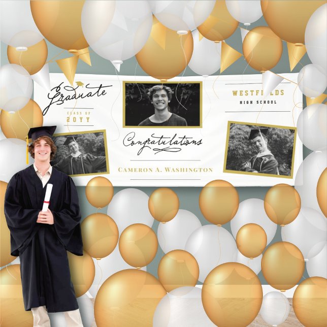 Stilvolle Script Graduate 3 Foto Graduation Party Banner (Stylish Handwriting Script Graduate 3 Photo Graduation Party Banner @ www.zazzle.com/color_therapy)