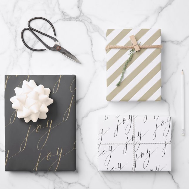 Stilvolle Script Joy Black Gold White Holiday Geschenkpapier Set (Vorderseite)