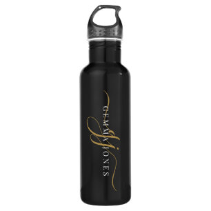 Stilvolle Script Monogram Initials Gold Black Edelstahlflasche