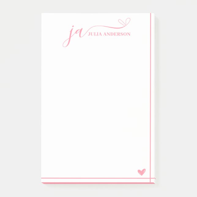 Stilvolle Script-Schriftart Monogram White & Pink Post-it Klebezettel (Vorderseite)