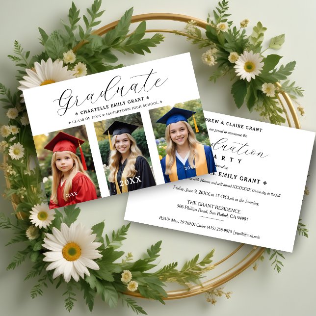 Stilvolle Script Typografie 3 Fotos Zeitleiste Einladung (Stylish Script Typography Collage 3 Photos Timeline Graduation Invitation Card. )