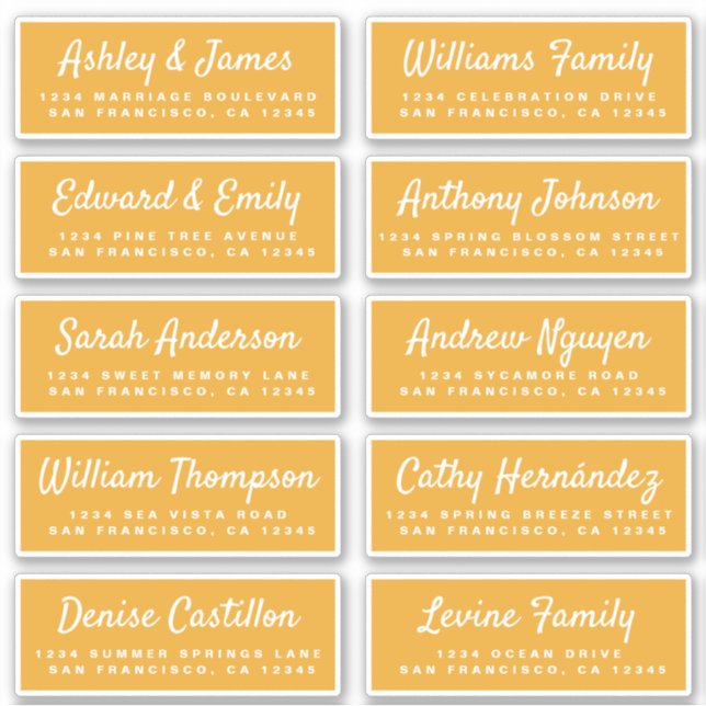 Stilvolle Script Yellow Wedding Guest Address Labe Aufkleber (Vorderseite)