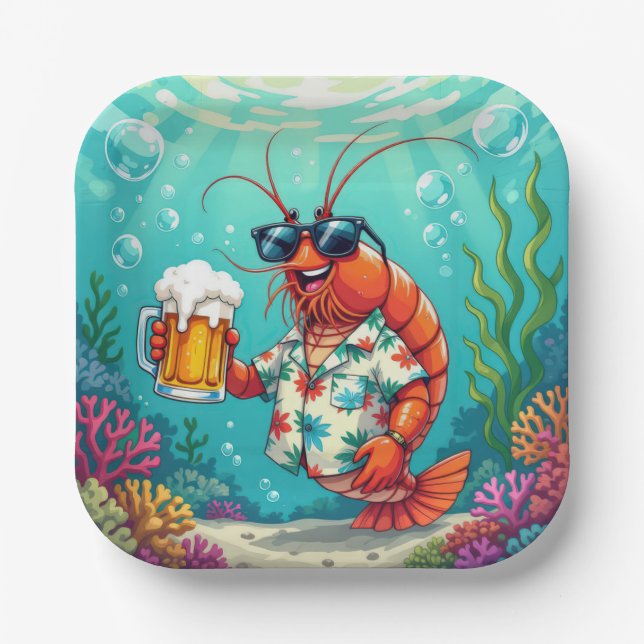 Stilvolle Shrimps mit einem Glas Bier Pappteller (Vorderseite)