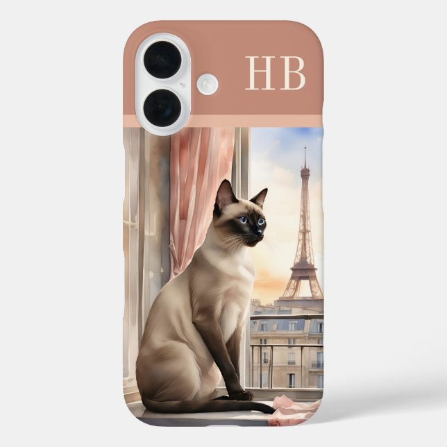 Stilvolle Siam Cat Monogram Personalisiert iPhone 16 Hülle (Rückseite)