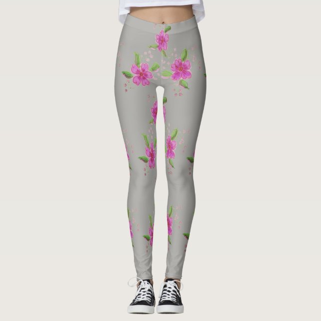 Stilvolle silbergraue Leggings mit Blumenmuster (Vorderseite)