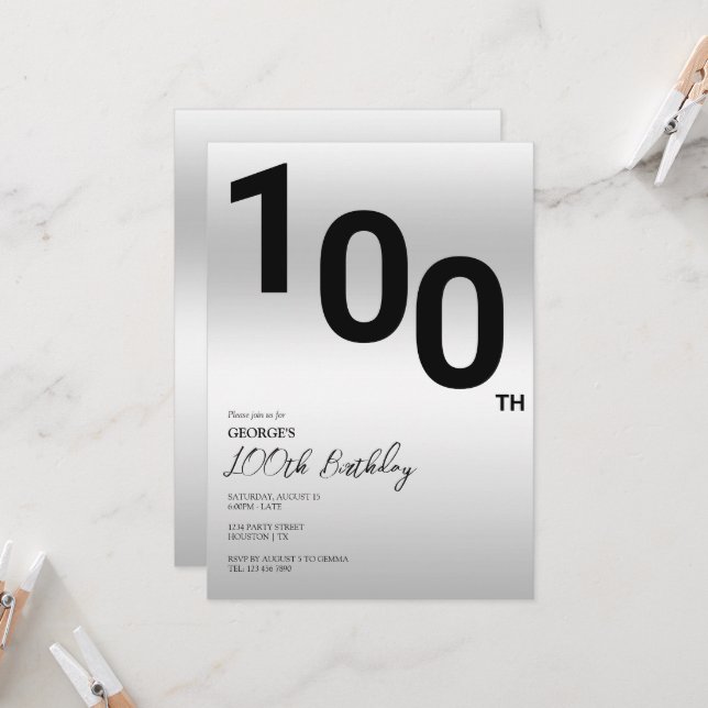 Stilvolle Silver 100. Geburtstagsparty Einladung (Vorderseite/Rückseite Beispiel)