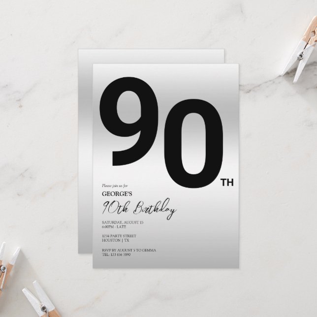 Stilvolle Silver 90. Geburtstagsparty Einladung (Vorderseite/Rückseite Beispiel)