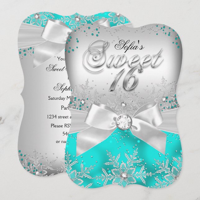 Stilvolle Silver Bow Aquamarin Jewel 16 . Geburtst Einladung (Vorne/Hinten)