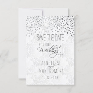 Stilvolle Silver Confetti Dots   Weiße Textur Save The Date
