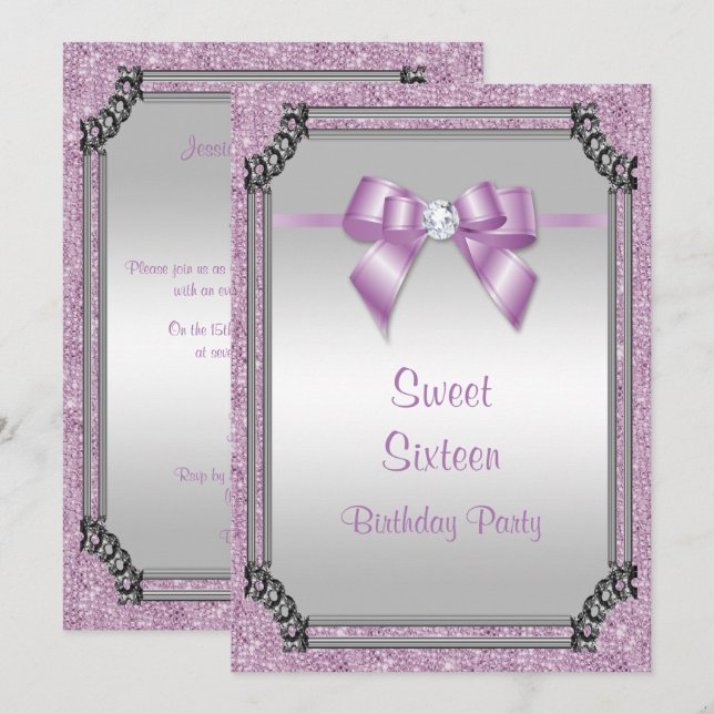Stilvolle Silver Frame & Lilac Posh Gem Bow Sweet  Einladung (Vorne/Hinten)