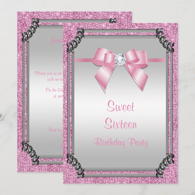 Stilvolle Silver Frame & Pink Posh Gem Bow Sweet 1 Einladung (Vorne/Hinten)